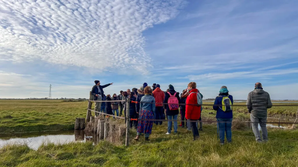 Une cinquantaine de personnes, bottes aux pieds, explorent la Réserve naturelle régionale de la Vacherie sous un ciel dégagé, guidées par des experts des marais.