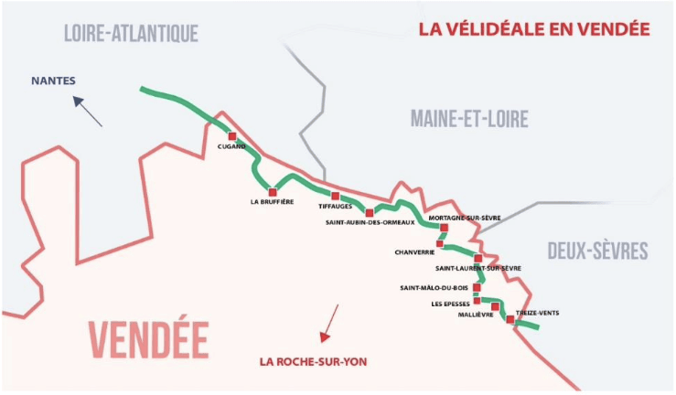 En Vendée, la Vélidéale traverse ainsi les communes de : • Treize-Vents, • Mallièvre, • Les Epesses • Saint-Malô-du-Bois, • Saint-Laurent-sur-Sèvre, • Mortagne-sur-Sèvre, • Chanverrie, • Saint-Aubin-des-Ormeaux, • Tiffauges, • La Bruffière, • Cugand-la-Bernardière